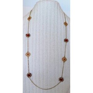 Goldtone Red Glass & Seed Bead Satellite Station Necklace 35 in